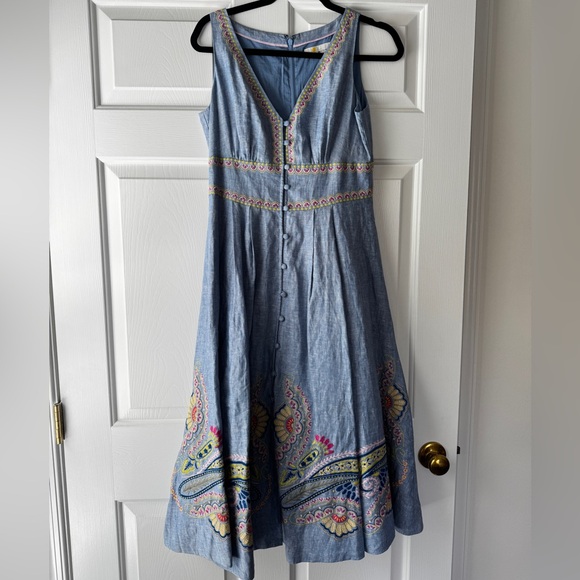 Embroidered Jemima Linen Blue Dress - Sleeveless. - Picture 4 of 5